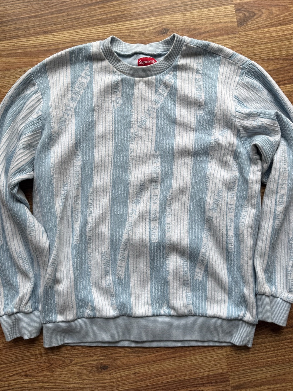 Supreme Light Blue & White Striped Crewneck Sweater